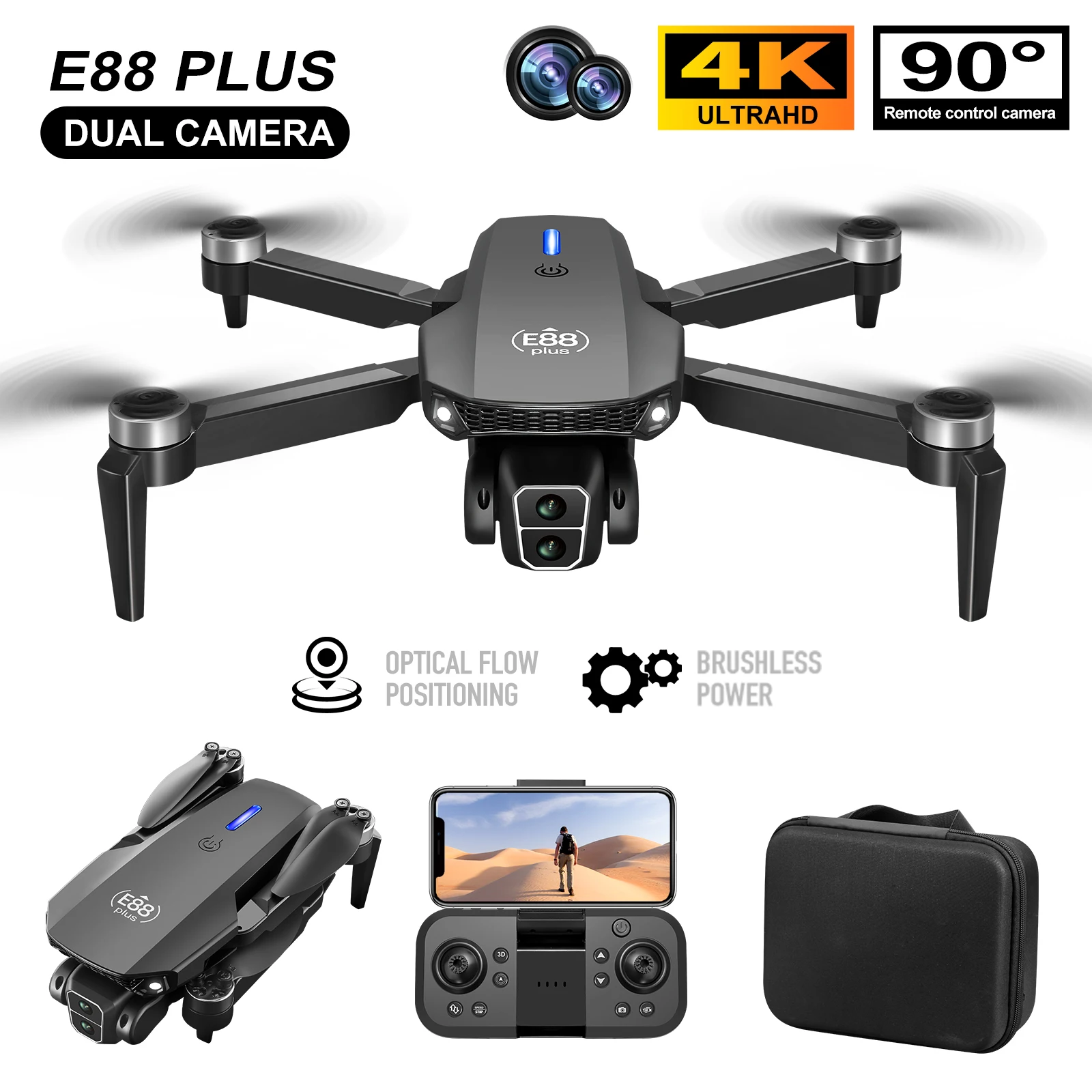 新型E88 Plusクアッドコプタードローン：90 °    - Rc Helicopter Electric のレビューと価格